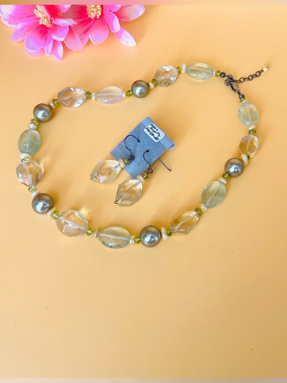 Lemon quartz, period, faux pearls Beaded Necklace/Earring Set, sterling silver